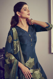 Pure Bemberg Silk Digital Print Daily Wear Navy Blue Suit
